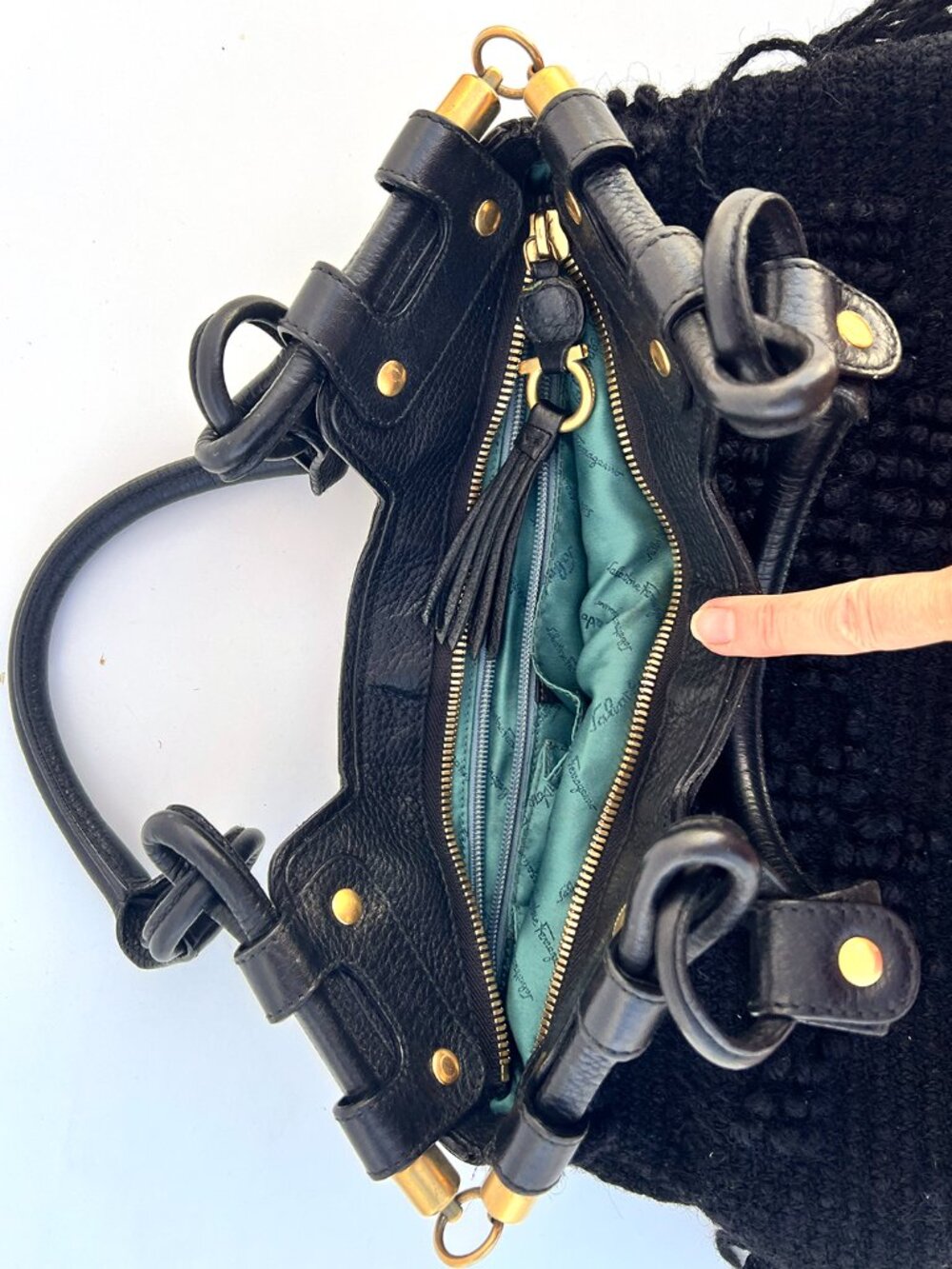 FERRAGAMO Black Fringe Knit Leather Hobo Bag Y2K - Picture 7 of 12